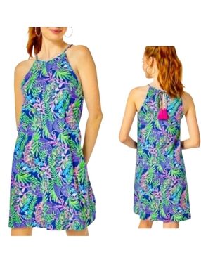 Lilly Pulitzer Blue Green Pink Leaves & Tigers Margot Halter Sleeveless Dress- S